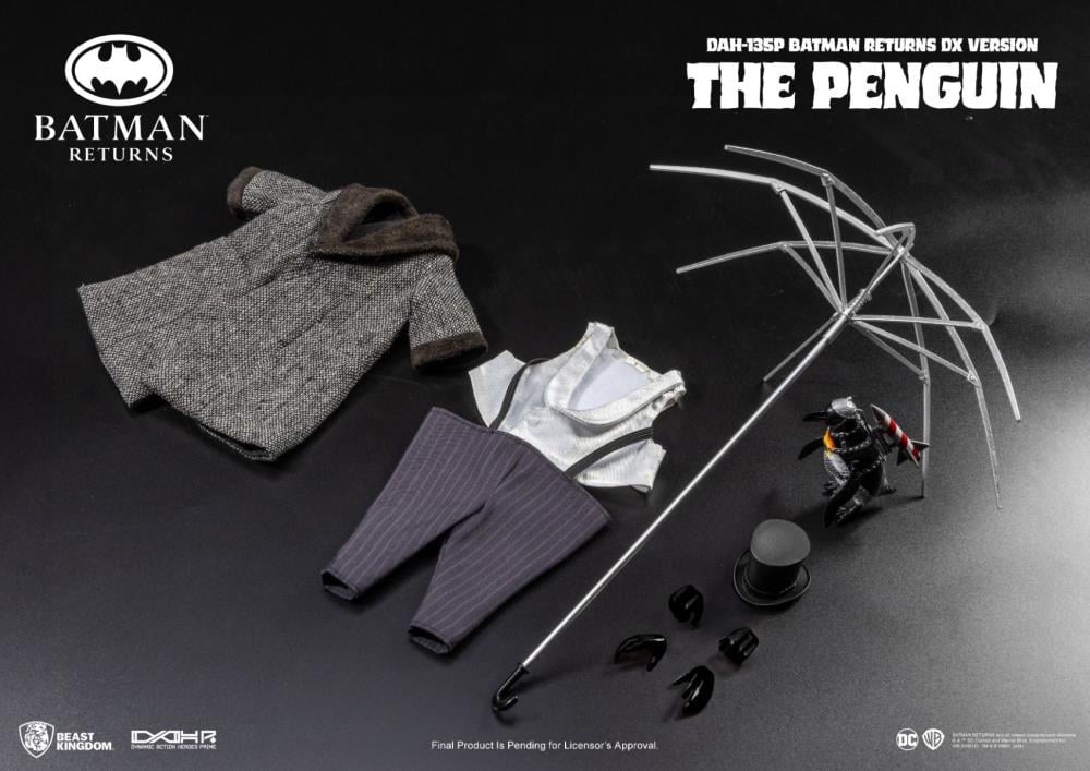 Penguin DAH-135P Batman Returns DX 8-Inch Figure — Full Accessories Flat Lay Showing Coat Vest Trousers Umbrella Skeleton Mini Penguin and Hands