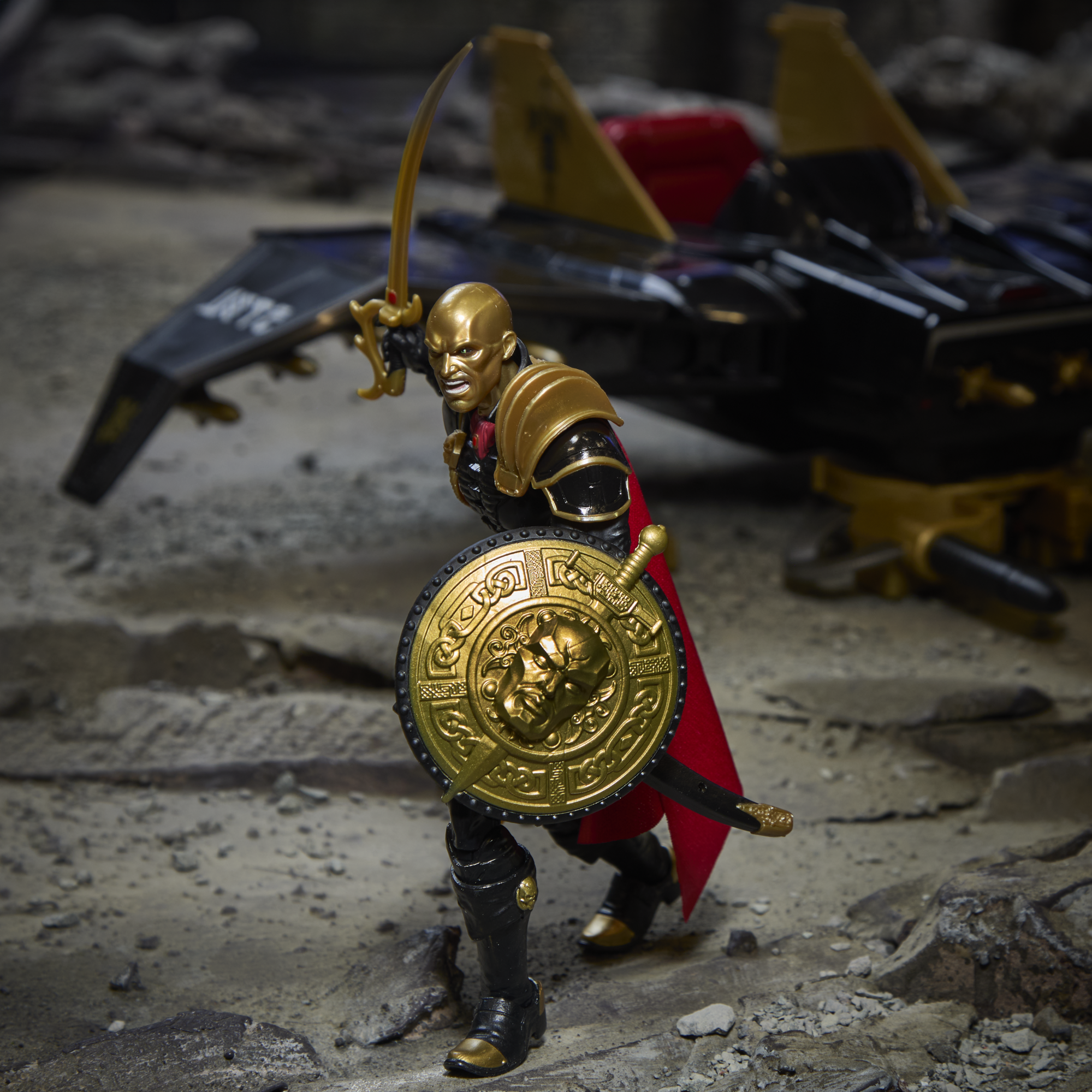 Iron Grenadier G.I. Joe Classified Series 6-Inch — Side View with Gold Shield and Sword with Despoiler in Background