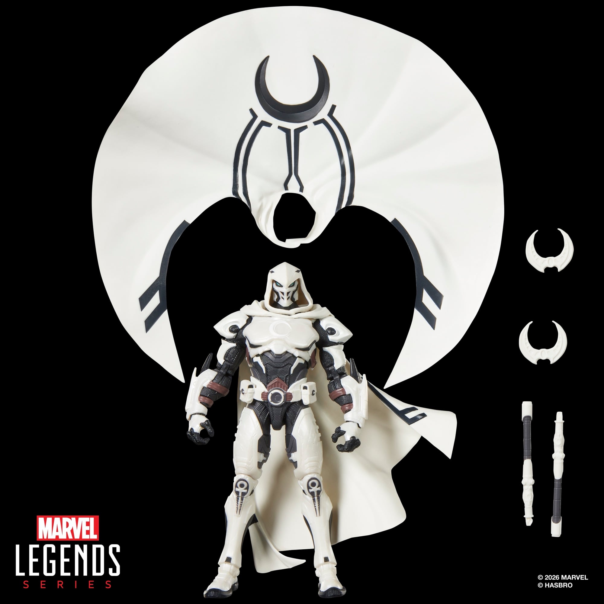 Moon Knight Marvel Legends 6-Inch Figure — Accessories Included Layout on Black Background