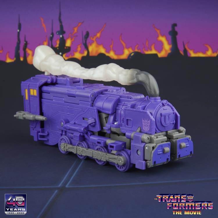 Astrotrain Studio Series 86 Leader Figure — Train Mode Three-Quarter Front Left Smoke Effect