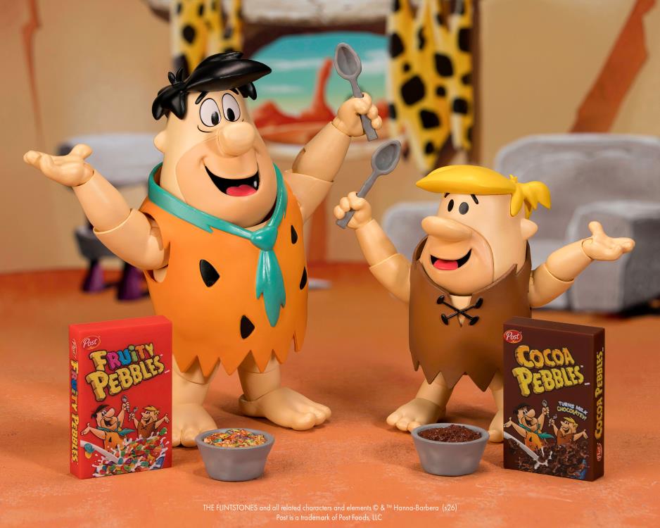 Barney Rubble and Fred Flintstone Cocoa Pebbles Figures — Dual Cereal Box Scene Display