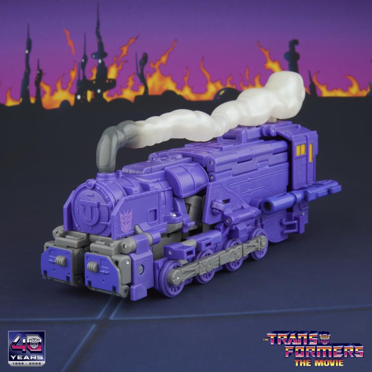 Astrotrain Studio Series 86 Leader Figure — Train Mode Three-Quarter Front Right Smoke Effect