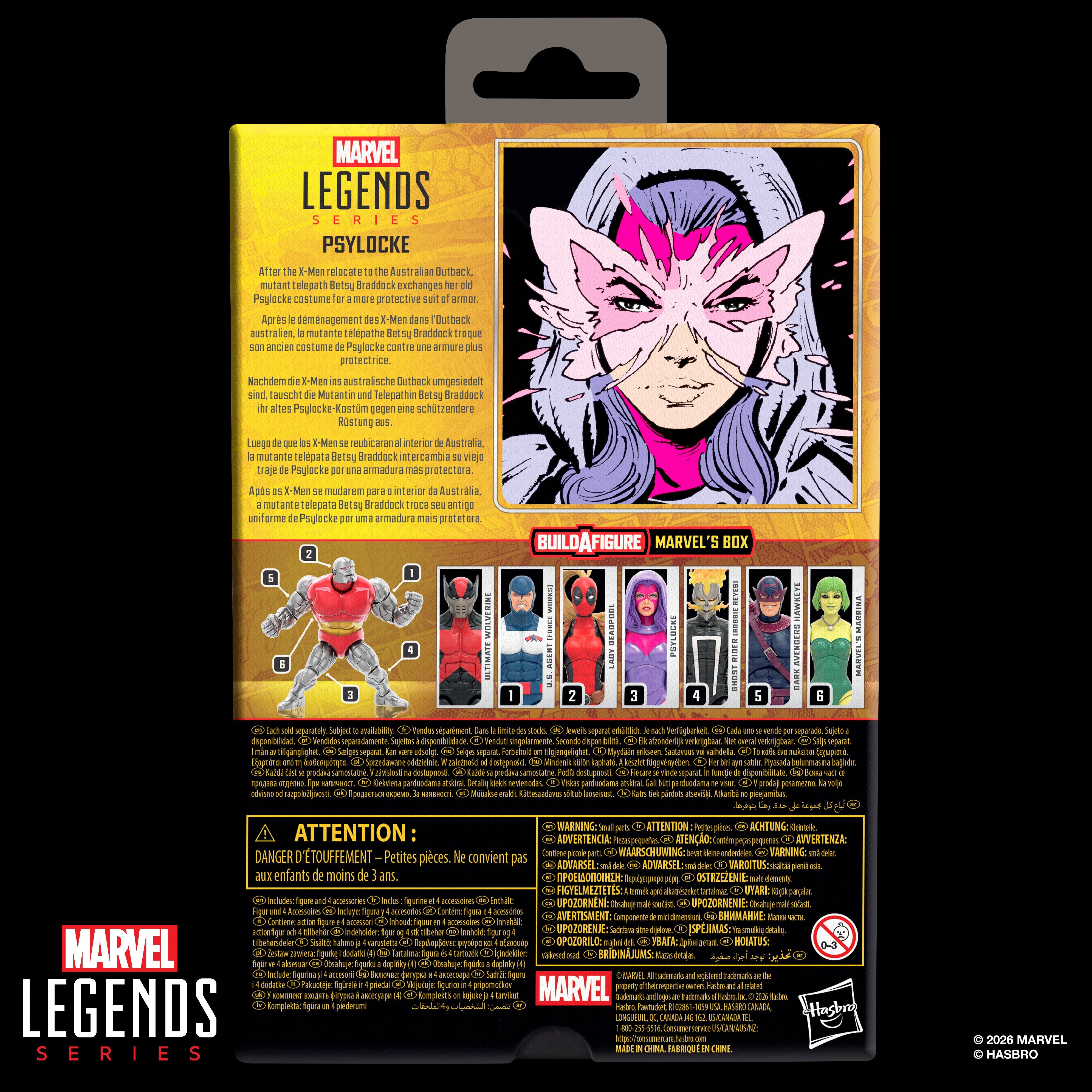 Psylocke X-Men Marvel Legends 6-Inch — Package Detail with Psylocke Comic Art and Marvel's Box BAF Lineup on Back