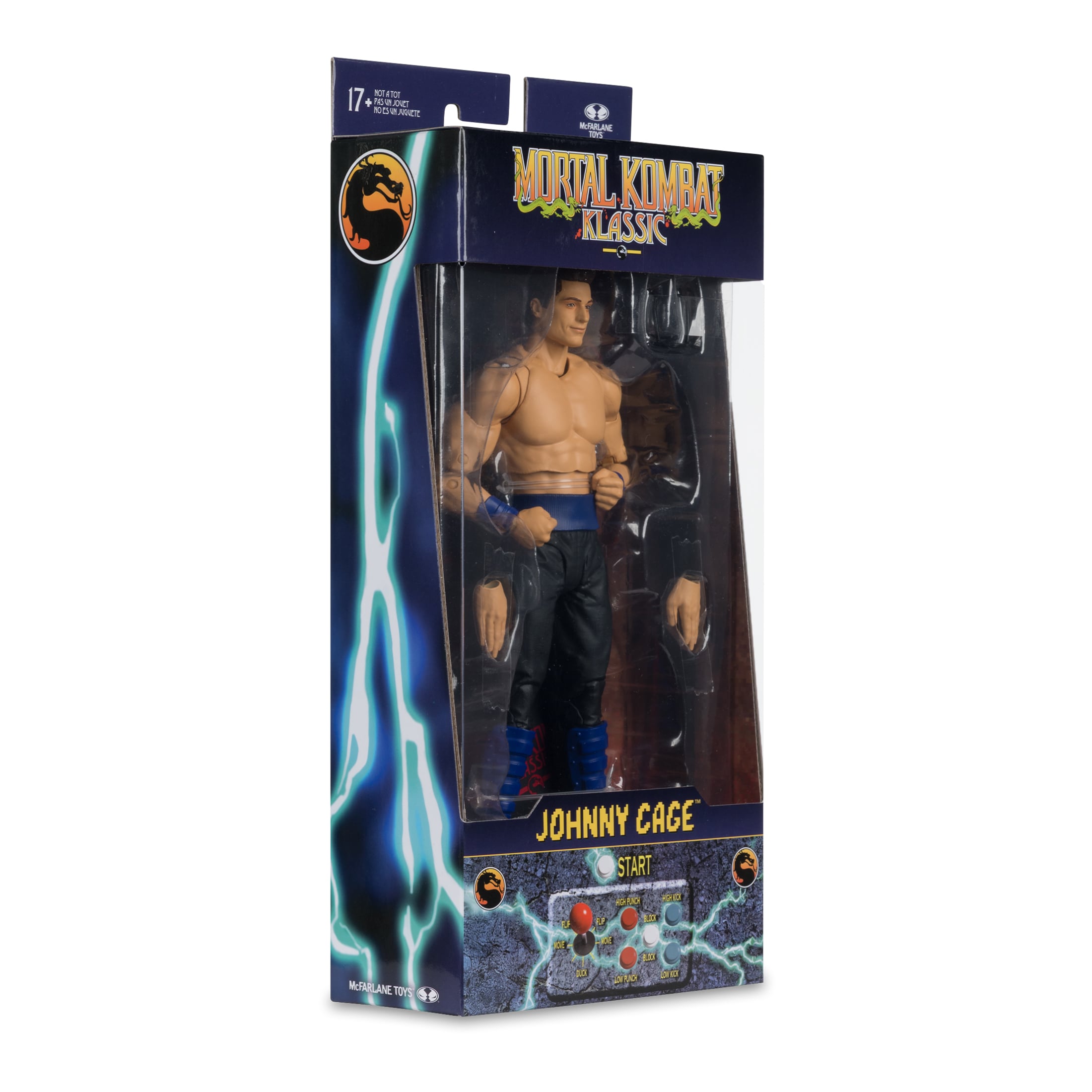 Johnny Cage Mortal Kombat Klassic 7-Inch Figure — Box Side View Showing Lightning Bolt Design and McFarlane Toys Branding