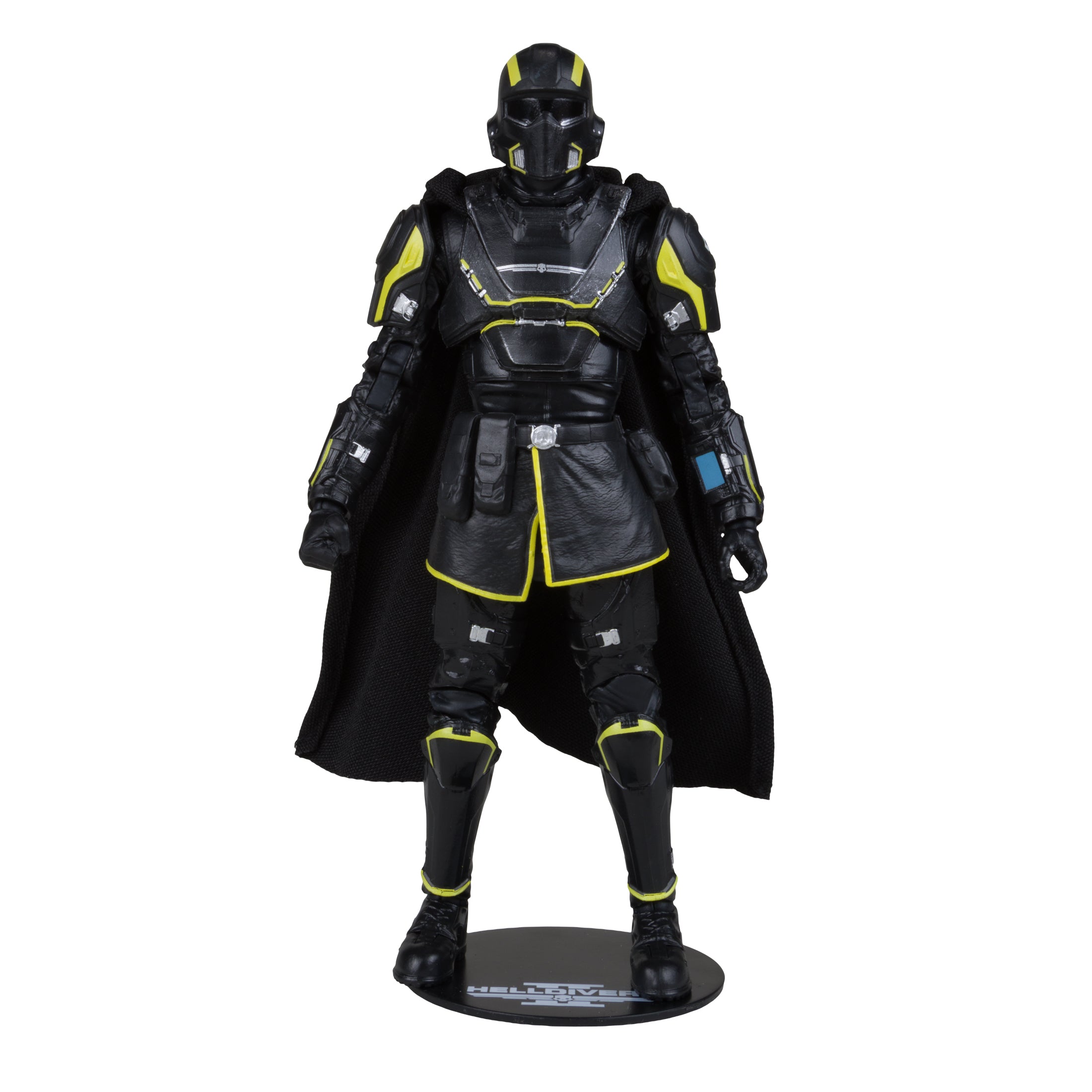 B-01 Tactical Helldiver Helldivers 2 McFarlane Elite Edition 7 Inch — Front View on Display Stand with Cape and Yellow Trim Detail