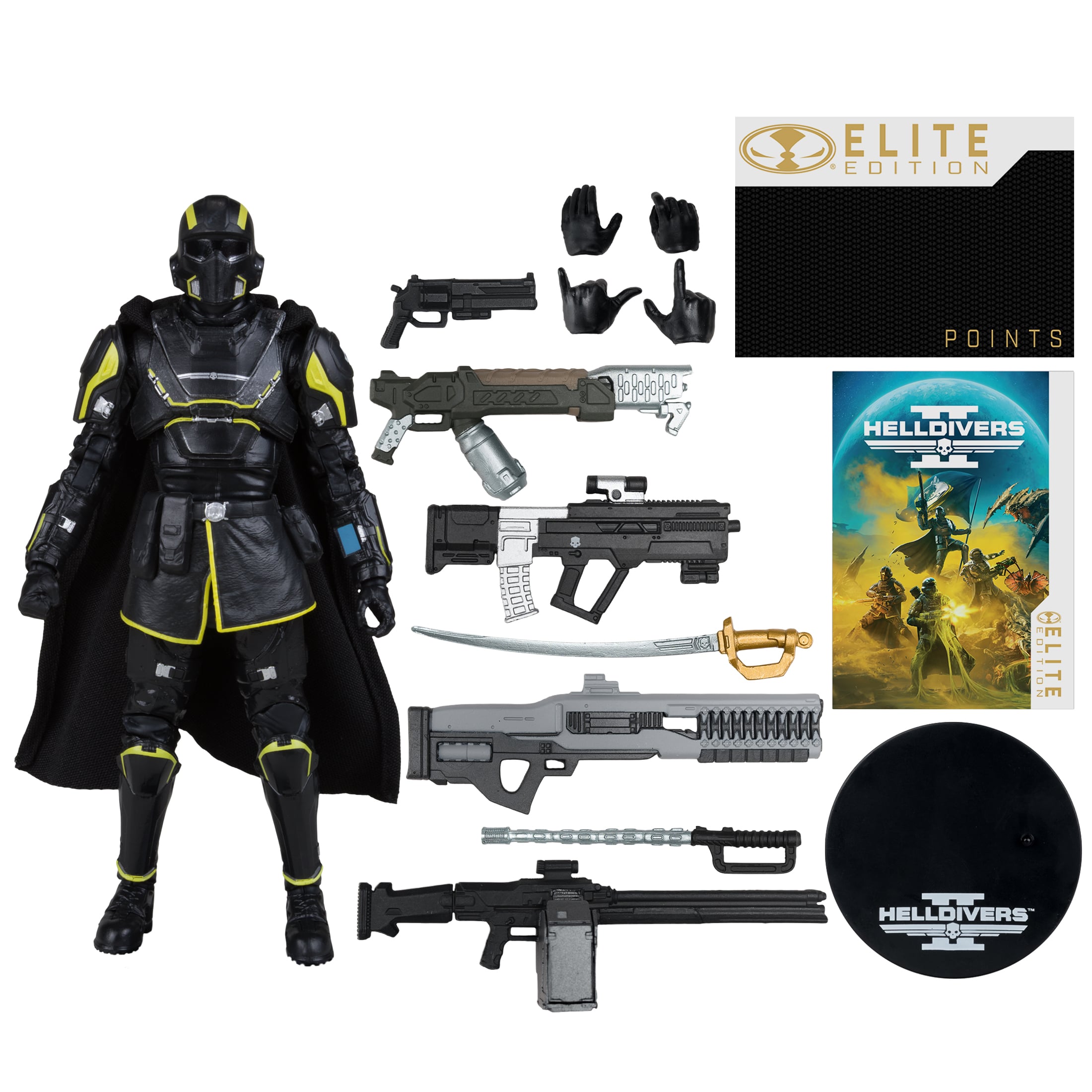 B-01 Tactical Helldiver Helldivers 2 McFarlane Elite Edition 7 Inch — Contents Display with Figure, Weapons, Hands, Stand, Mini Booklet and Points Card