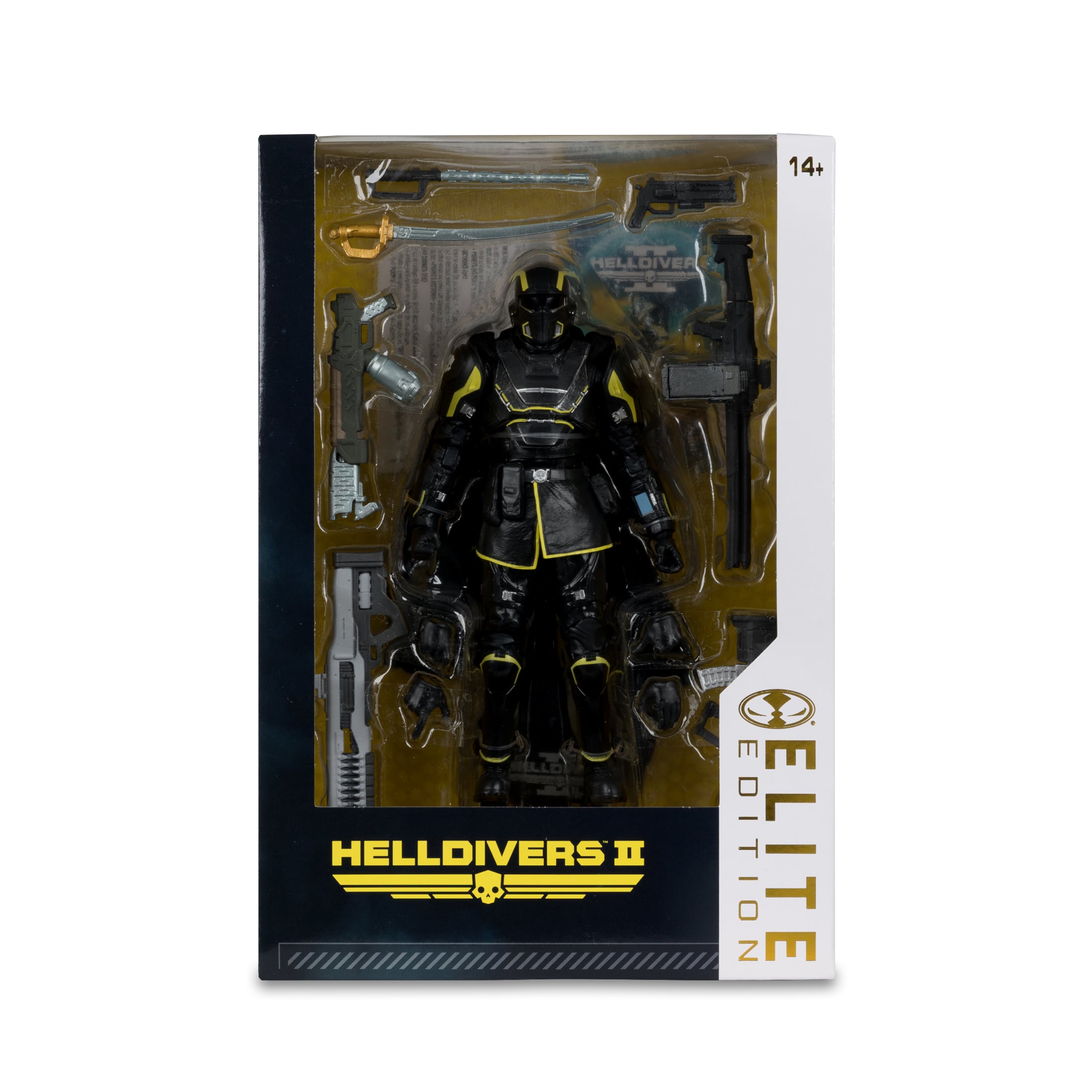 B-01 Tactical Helldiver Helldivers 2 McFarlane Elite Edition 7 Inch — Box Art Close-Up Showing Figure and Accessories Through Window