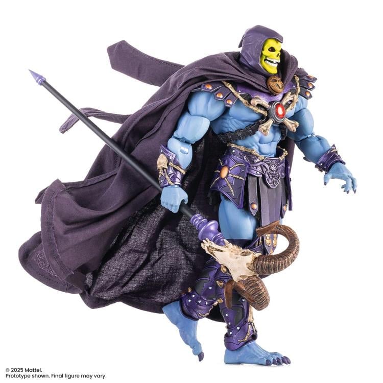 Skeletor MOTU 200X Mondo 1/12 Scale Figure — Arms-Wide Articulation Pose with Both Weapons on White Background