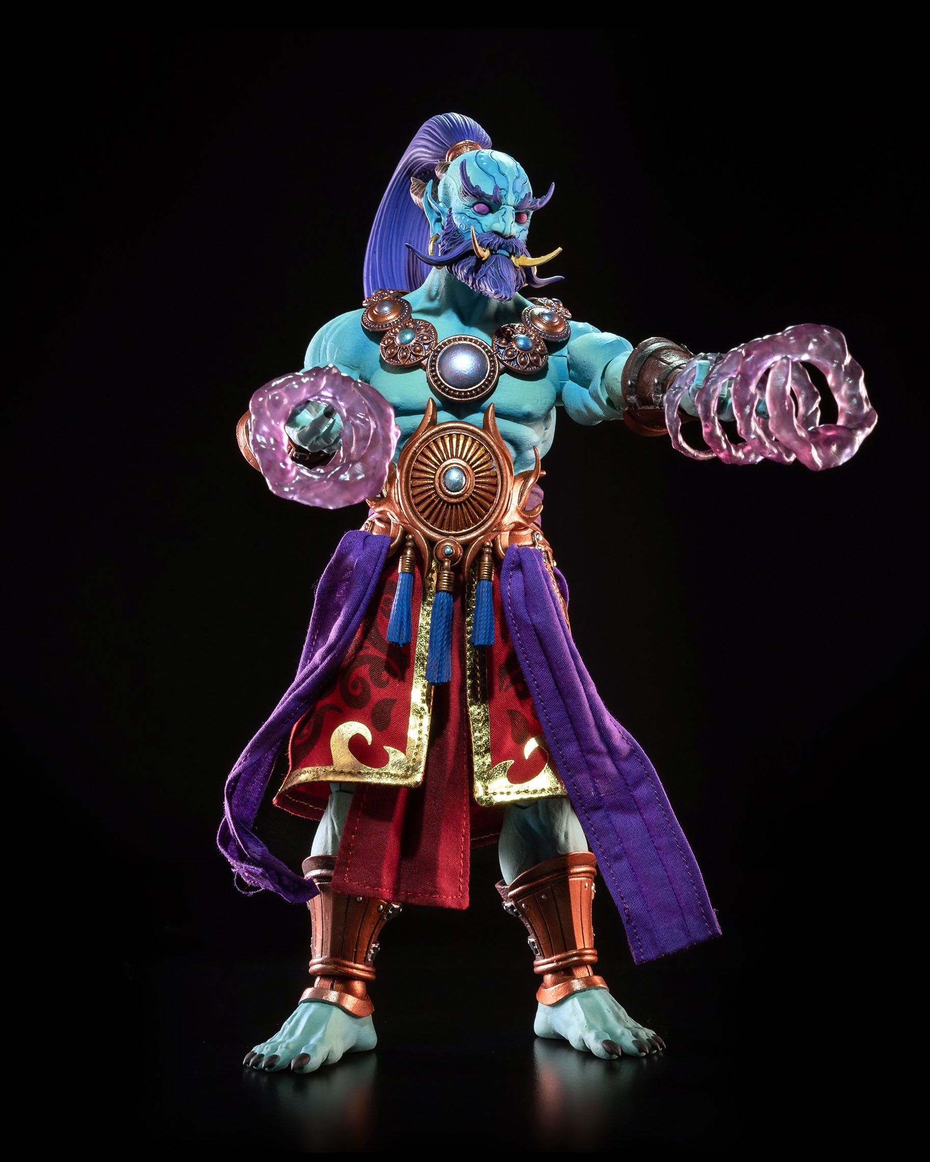 Colorful fantasy figure with purple cloak and blue skin on a black background