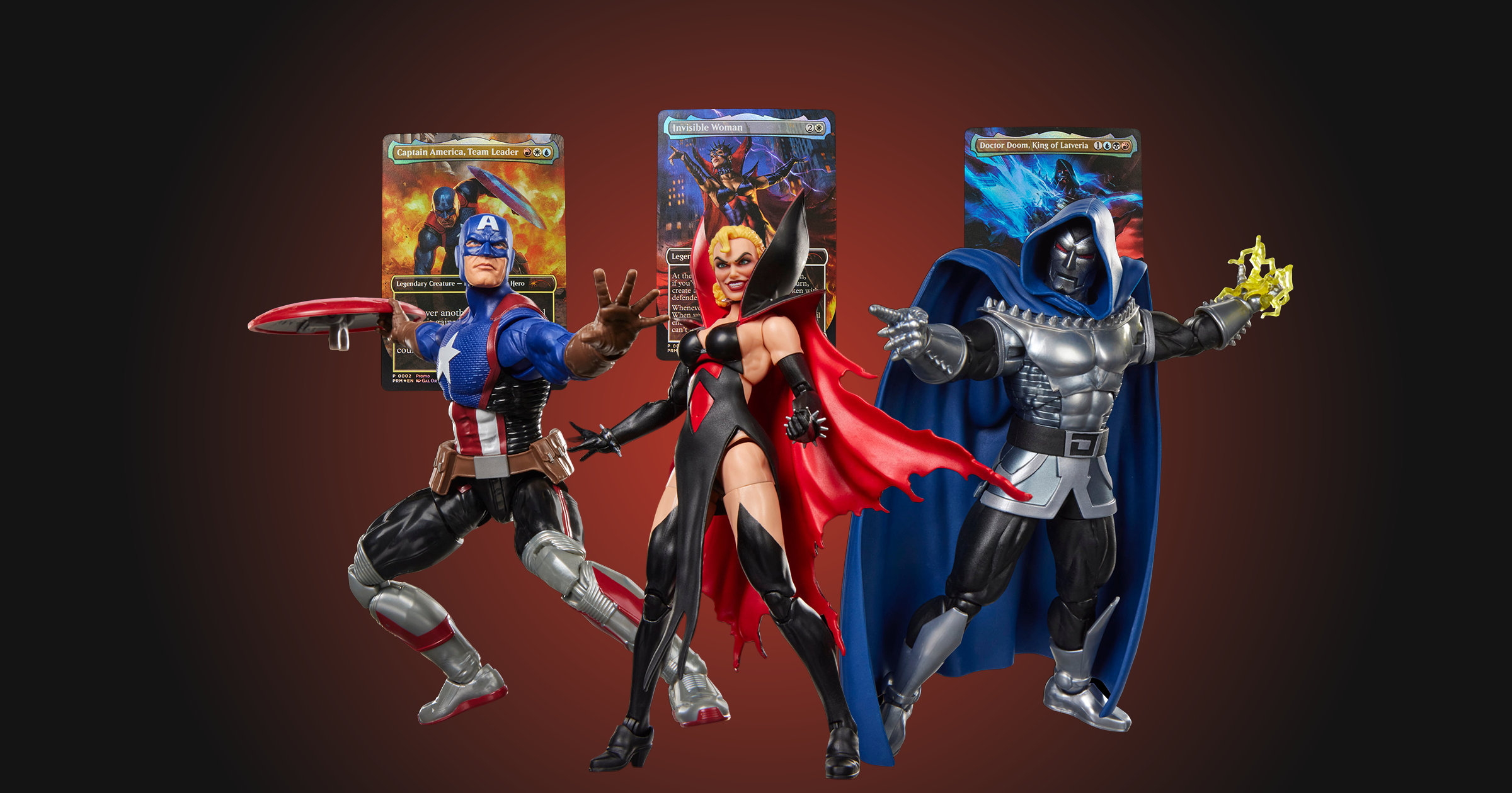 Marvel Legends Magic: The Gathering Series 2 figures — Captain America (Avengers: Twilight), Malice and Doctor Doom 2099 posed in front of their exclusive foil MTG promo cards