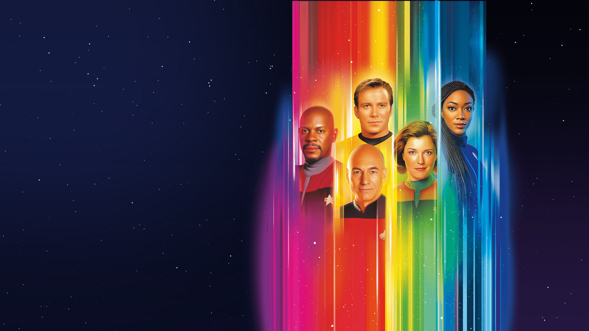 Magic: The Gathering | Star Trek key art: Sisko, Kirk, Picard, Janeway and Burnham in a rainbow transporter beam