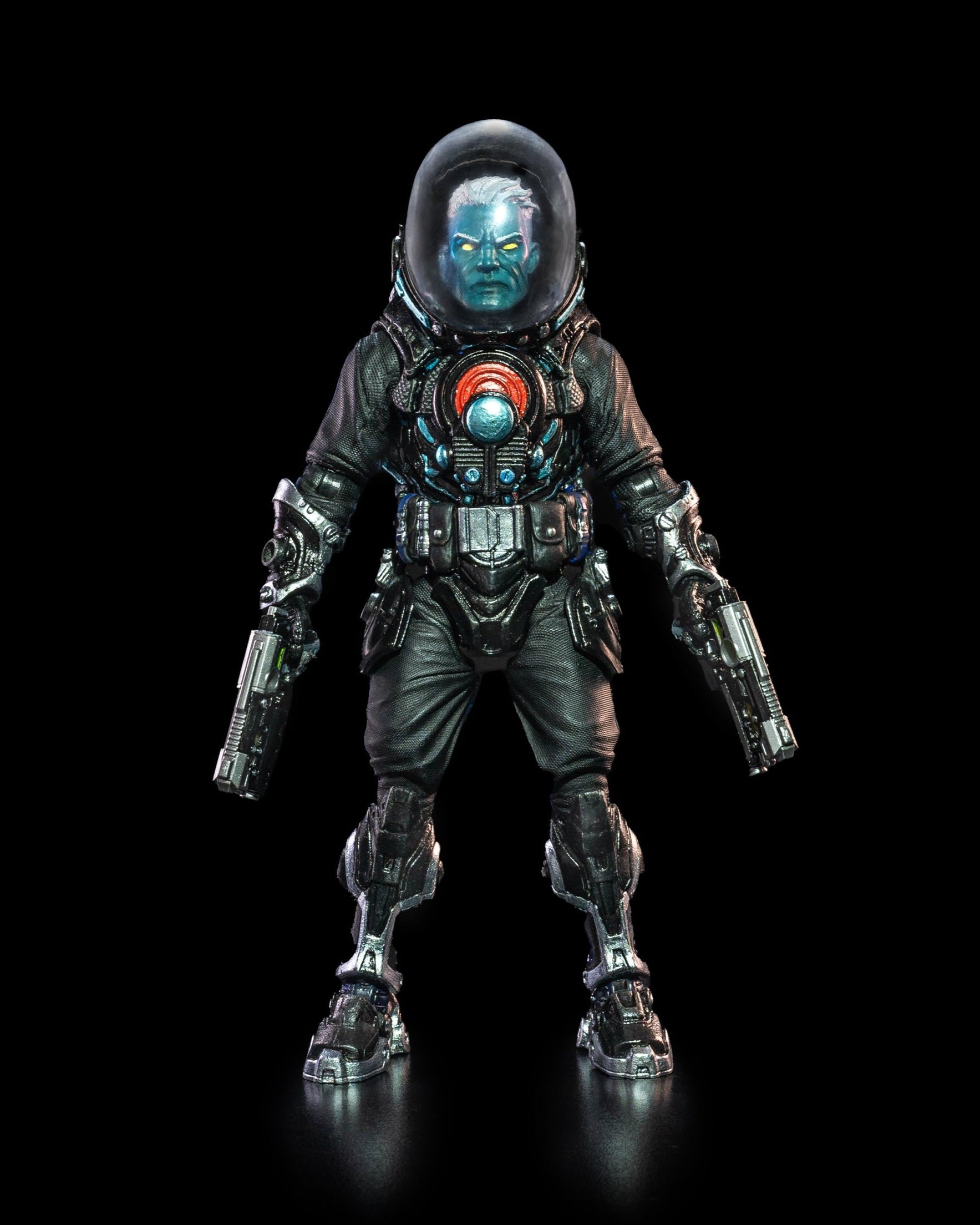 Action figure in a futuristic suit with a dark background