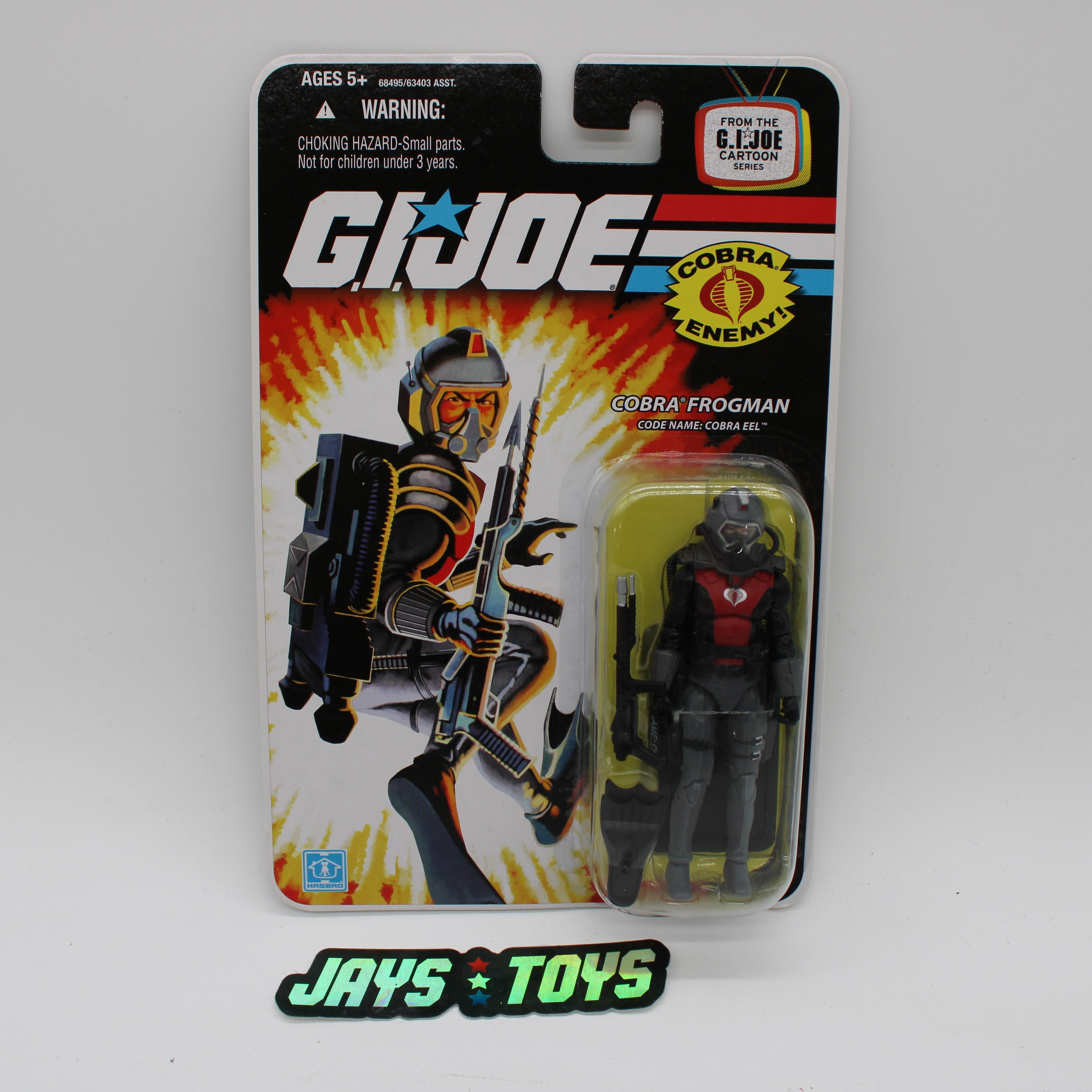 G.I. Joe Cobra Frogman action figure packaging on a white background with 'Jays Toys' branding.