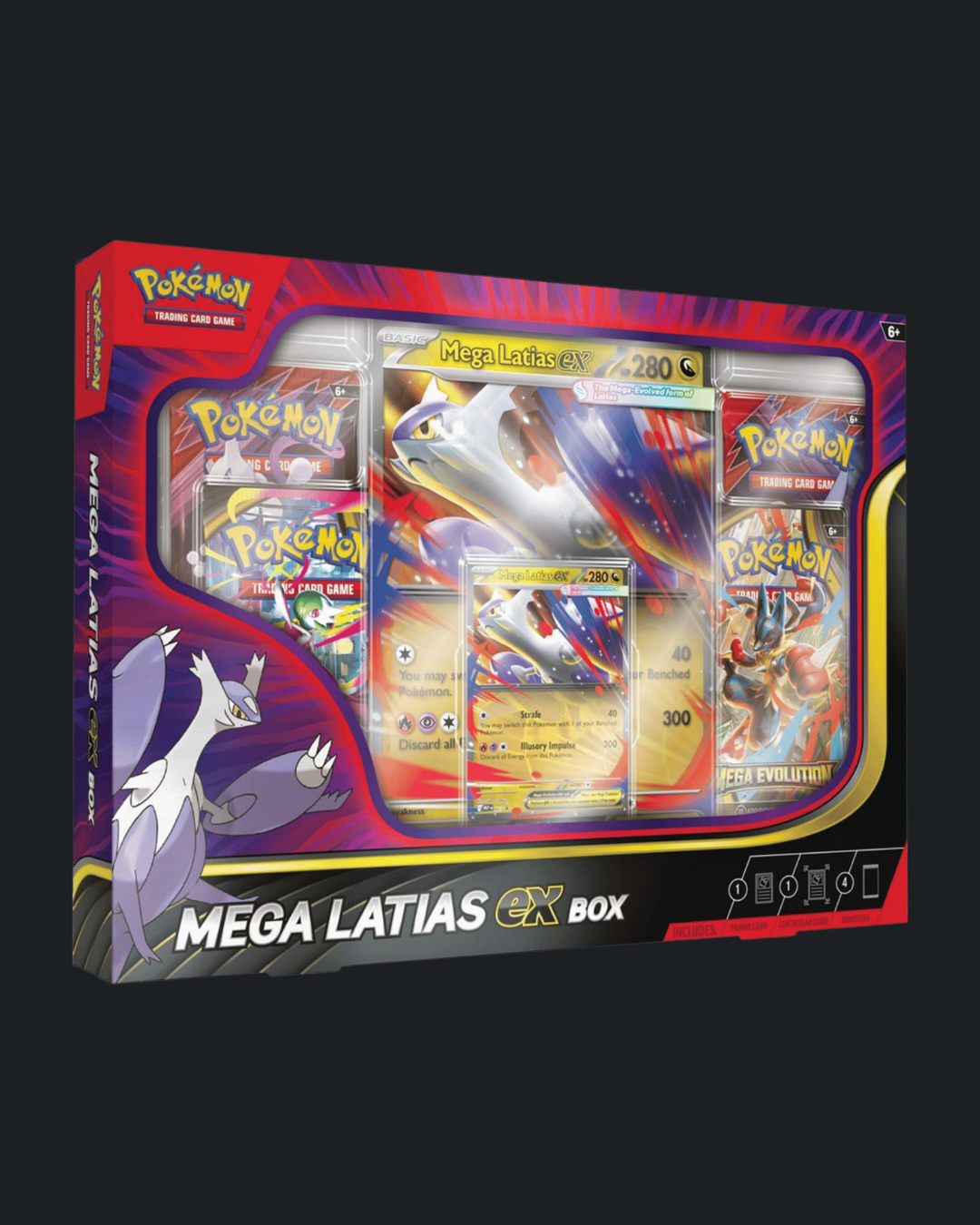 Pokémon trading card game Mega Latias EX box on a black background