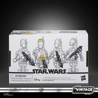 Star Wars Vintage Collection Battle Droid four-pack packaging back view with character details