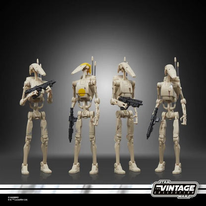 Star Wars Vintage Collection Battle Droid four-pack showing droid assembly and articulation details