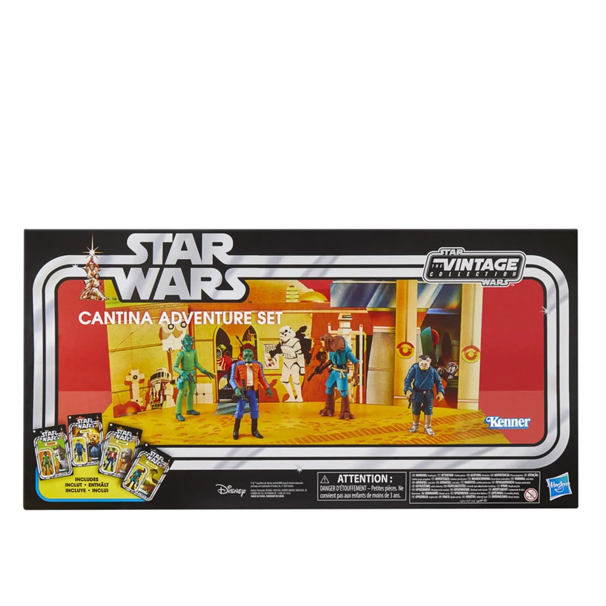 Star Wars Vintage Collection Cantina Adventure four-pack detail view showing figure accessories and packaging insert