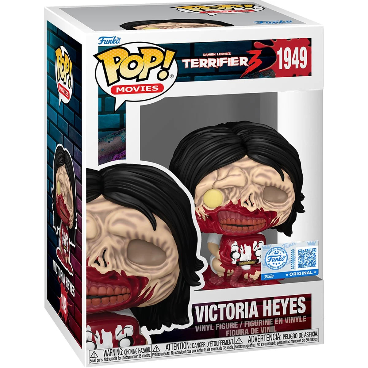 Terrifier 3 Victoria Heyes Funko Pop Figure #1949 holding Art the Clown's severed head