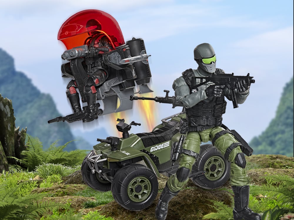 Snake Eyes & Stealth Viper GI Joe Classified 6-Inch Two-Pack — Action Scene with Varmint ATV and Trubble Bubble in Jungle Setting