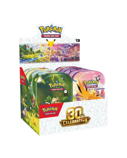 Pokemon TCG 30th Celebration Mini Tin Display Box — Front View showing Meowth and Zapdos tins