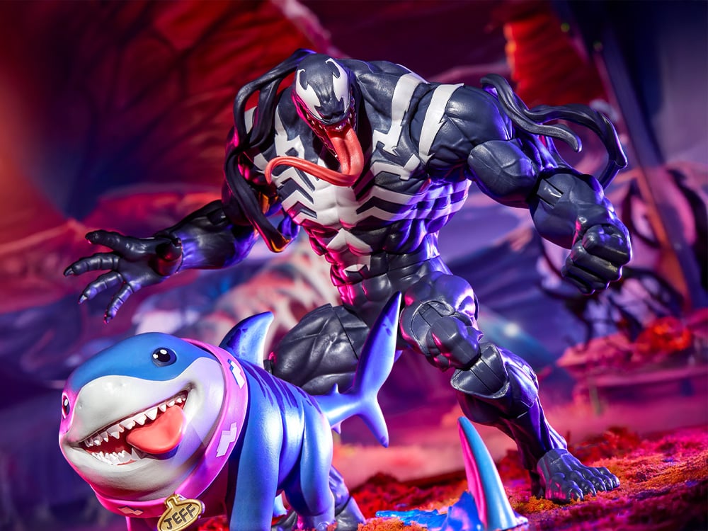 Venom and Jeff the Land Shark Marvel Legends 6-Inch Two-Pack — Dramatic Hero Shot with Both Figures
