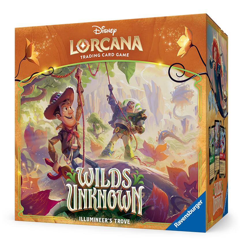 Disney Lorcana Wilds of Unknown Illumineer's Trove Box Front — Woody, Buzz Lightyear, and Merida adventuring through a jungle canyon