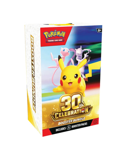 Pokemon TCG 30th Celebration Booster Bundle — Box Front Featuring Pikachu, Mew, and Mewtwo
