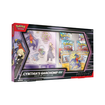 Cynthia's Garchomp ex Premium Collection Pokemon — Box Front Angled View Showing Contents Display