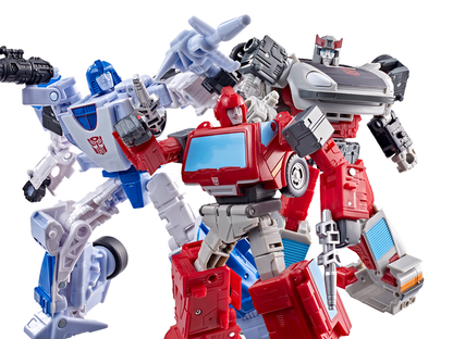 Mirage Ironhide Bluestreak Age of Primes 3-Pack — Dynamic Group Pose Front View