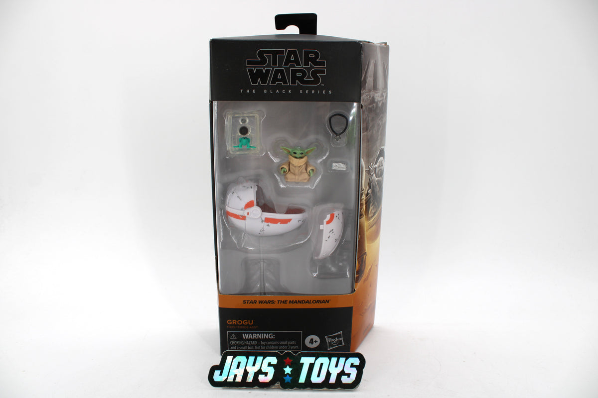 Grogu Black Series Star Wars Figure #26 — Box Front View with Floating Pram and Accessories in Tray