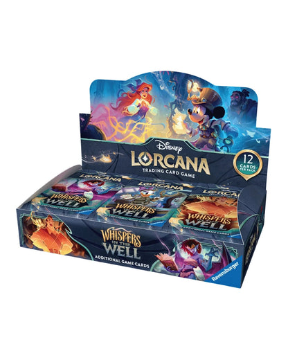 Whispers in the Well Booster Box Disney Lorcana — Box Front Angled View with Pack Display