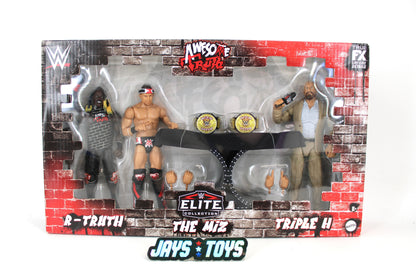 Awesome Truth WWE Elite 3-Pack 2025 — Box Front View with R-Truth, The Miz & Triple H Figures
