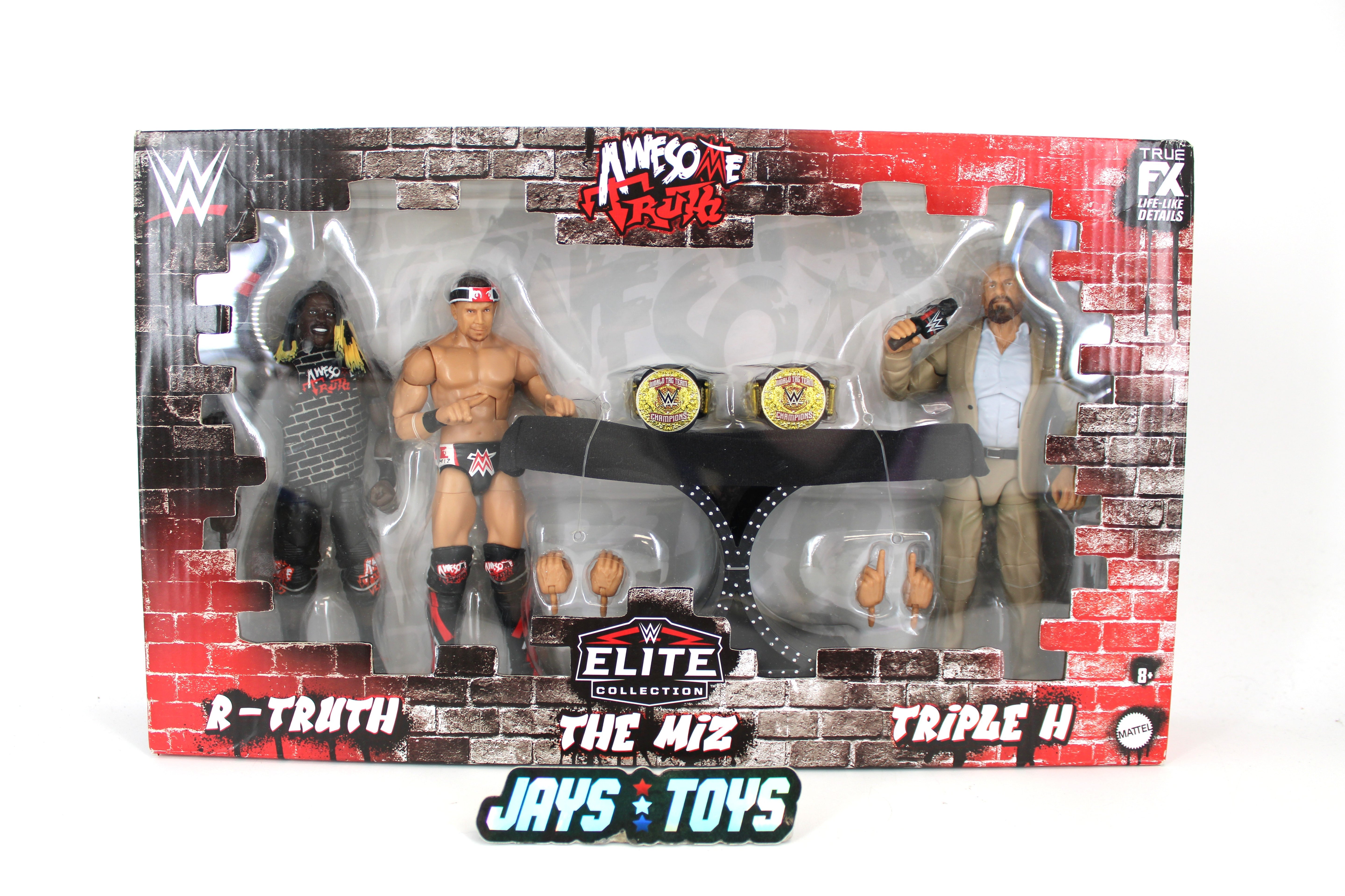 Awesome Truth WWE Elite 3-Pack 2025 — Box Front View with R-Truth, The Miz & Triple H Figures