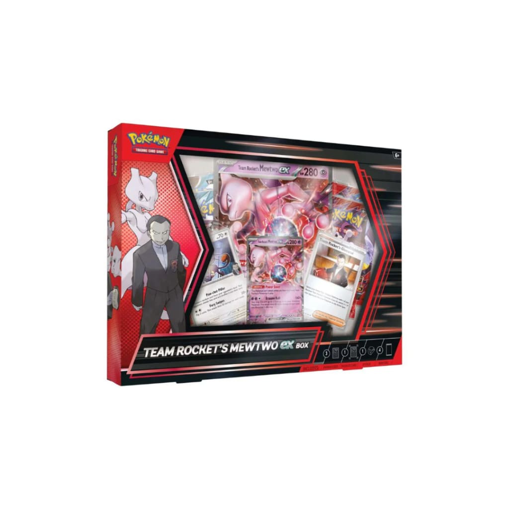 Team Rocket's Mewtwo ex Box Pokemon TCG — Box Front Angled View Showing Promo Cards and Giovanni Artwork