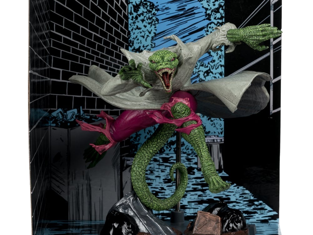 The Lizard McFarlane Marvel 1/10 Scale Figure — Front View with Comic Backdrop