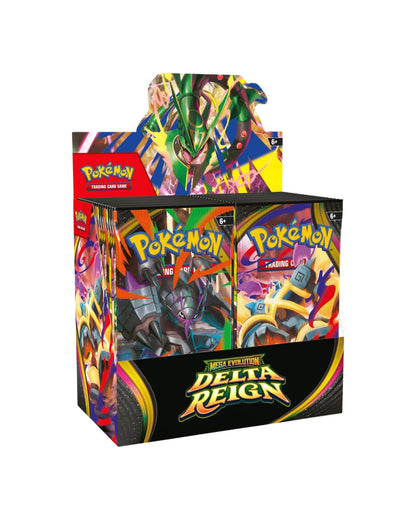 Delta Reign Booster Box Pokemon TCG ME06 — Box Front with Open Display Showing Booster Packs