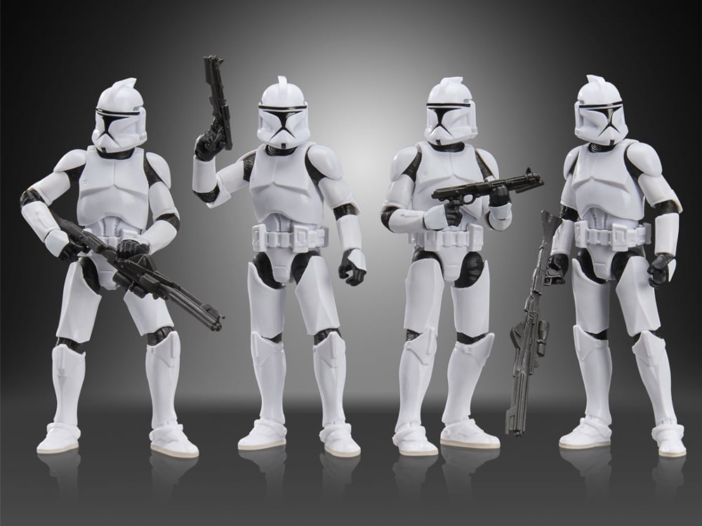 Phase I Clone Troopers Vintage Collection 3.75-Inch 4-Pack — Front View All Four Figures with Blasters