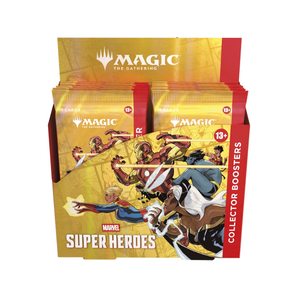 MTG Marvel Super Heroes Collector Booster Box — Box Front with Booster Packs Display