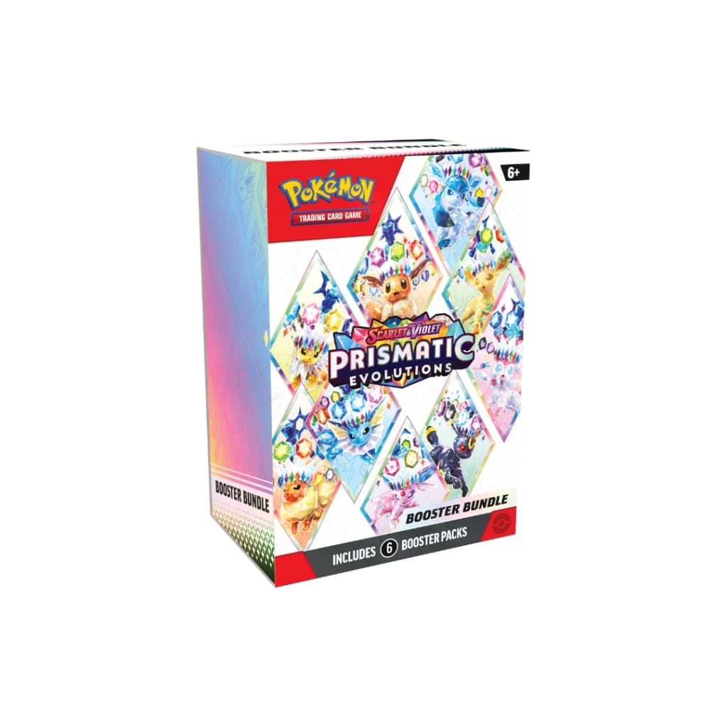 Prismatic Evolutions Booster Bundle Pokemon TCG — Box Front Angled View Showing Eevee Evolution Art and 6 Booster Packs Label