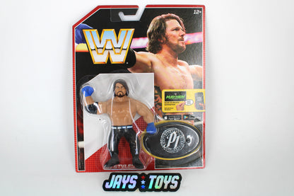 AJ Styles Mattel WWE Retro Series 2017 Carded Figure — Card Front with PJ Championship Belt in Blister