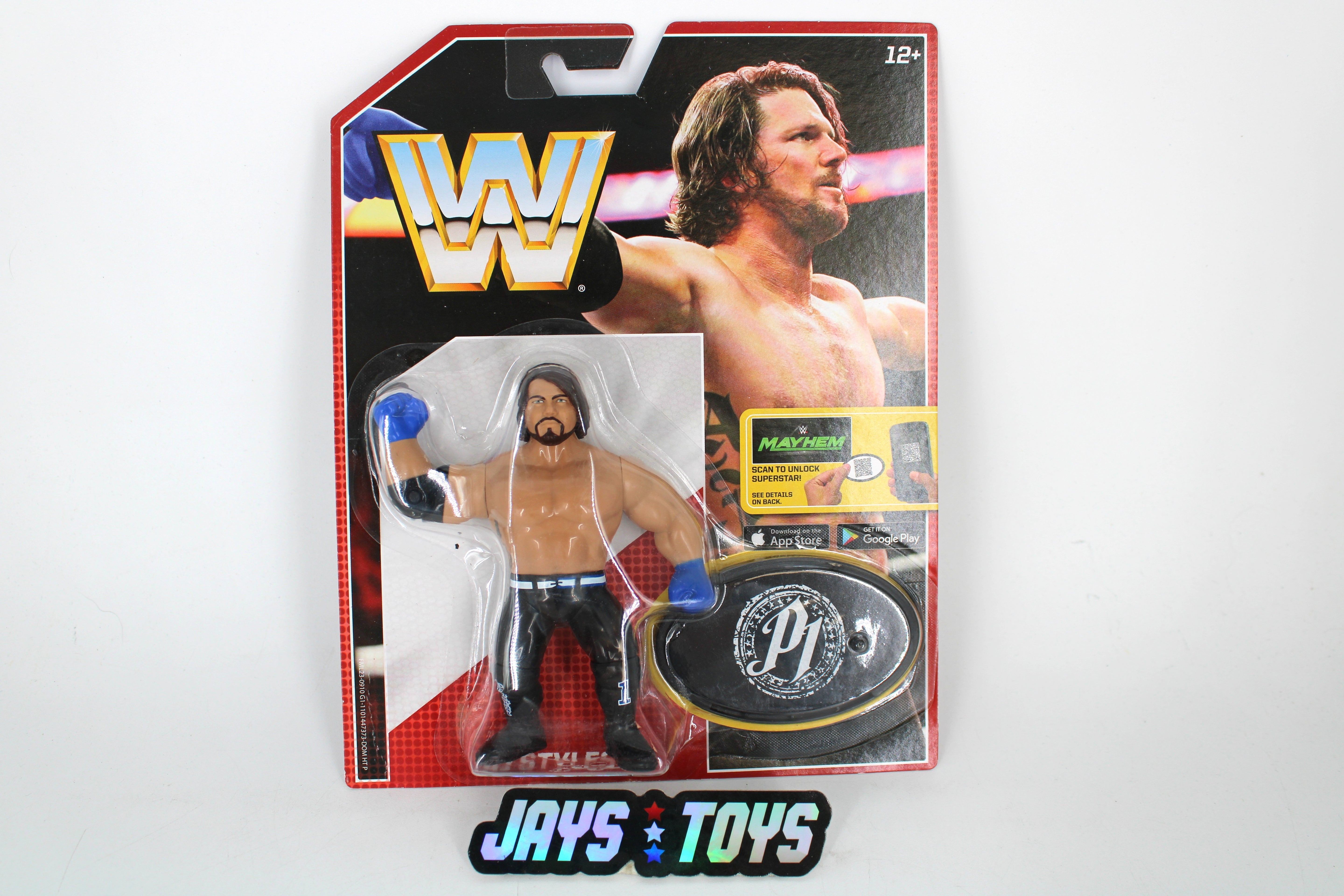 AJ Styles Mattel WWE Retro Series 2017 Carded Figure — Card Front with PJ Championship Belt in Blister
