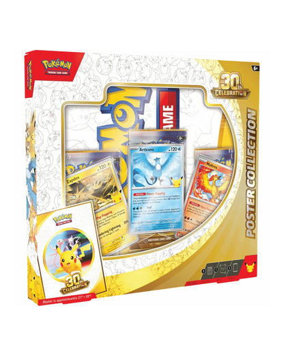 Pokemon TCG 30th Celebration Poster Collection — Box Front with Articuno, Zapdos, and Moltres Foil Promos