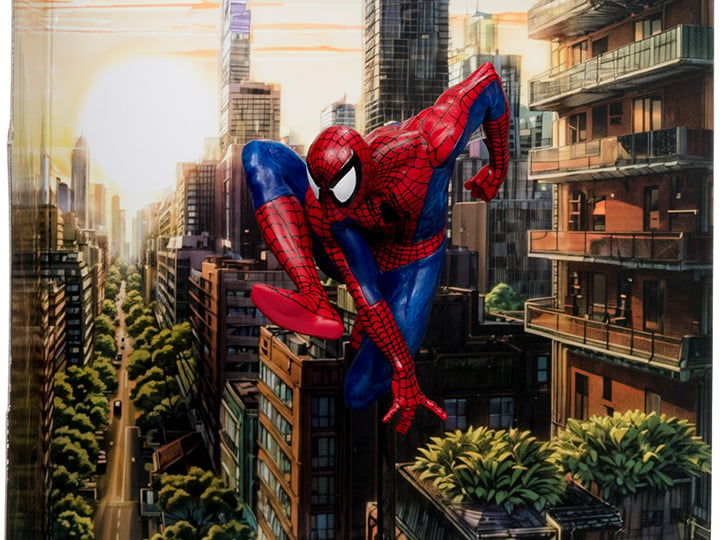 Spider-Man Marvel Comics 1/10 Scale Figure — Figure Detail Against NYC Cityscape Backdrop