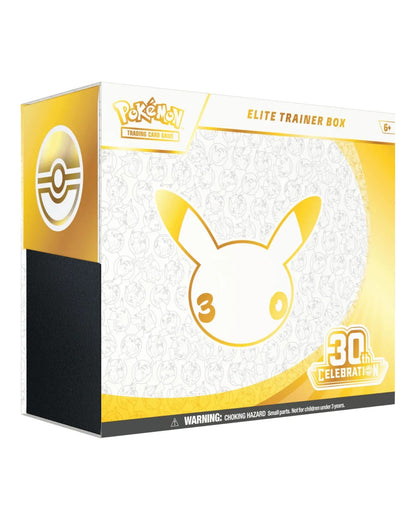 Pokemon TCG 30th Celebration Elite Trainer Box — Angled Front View with Gold Pikachu Design