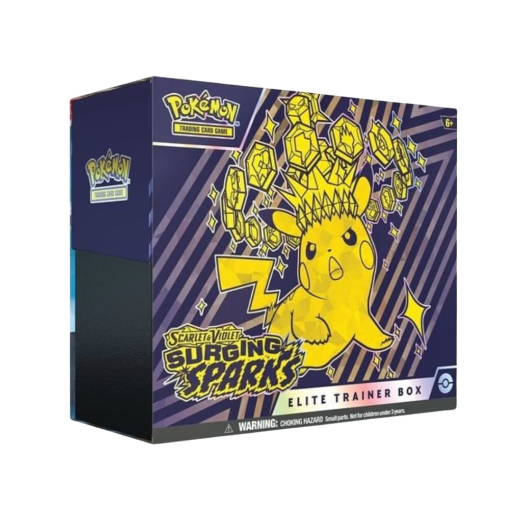 Surging Sparks Elite Trainer Box Pokemon — Box Front Angled View Featuring Pikachu Artwork