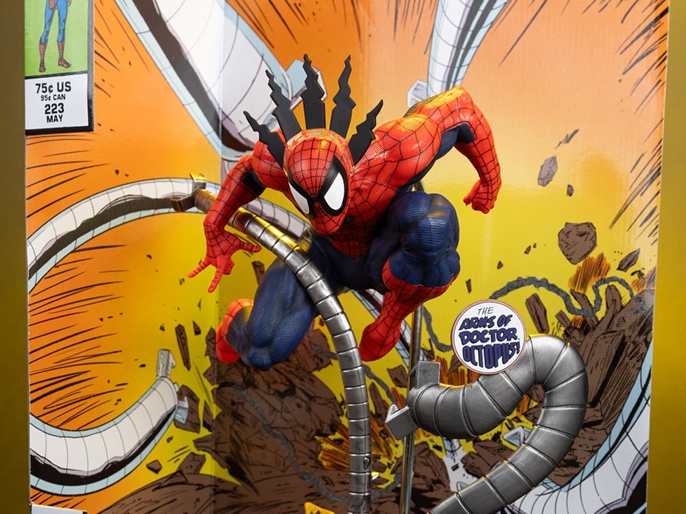 Spider-Man Marvel Tales #223 McFarlane 1/6 Scale Figure — Figure Detail Close-Up Against Comic Backdrop