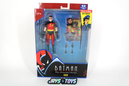 Robin Batman The Animated Series Wave 7 McFarlane Figure — Box Front View with Rene Montoya Collect to Build Badge