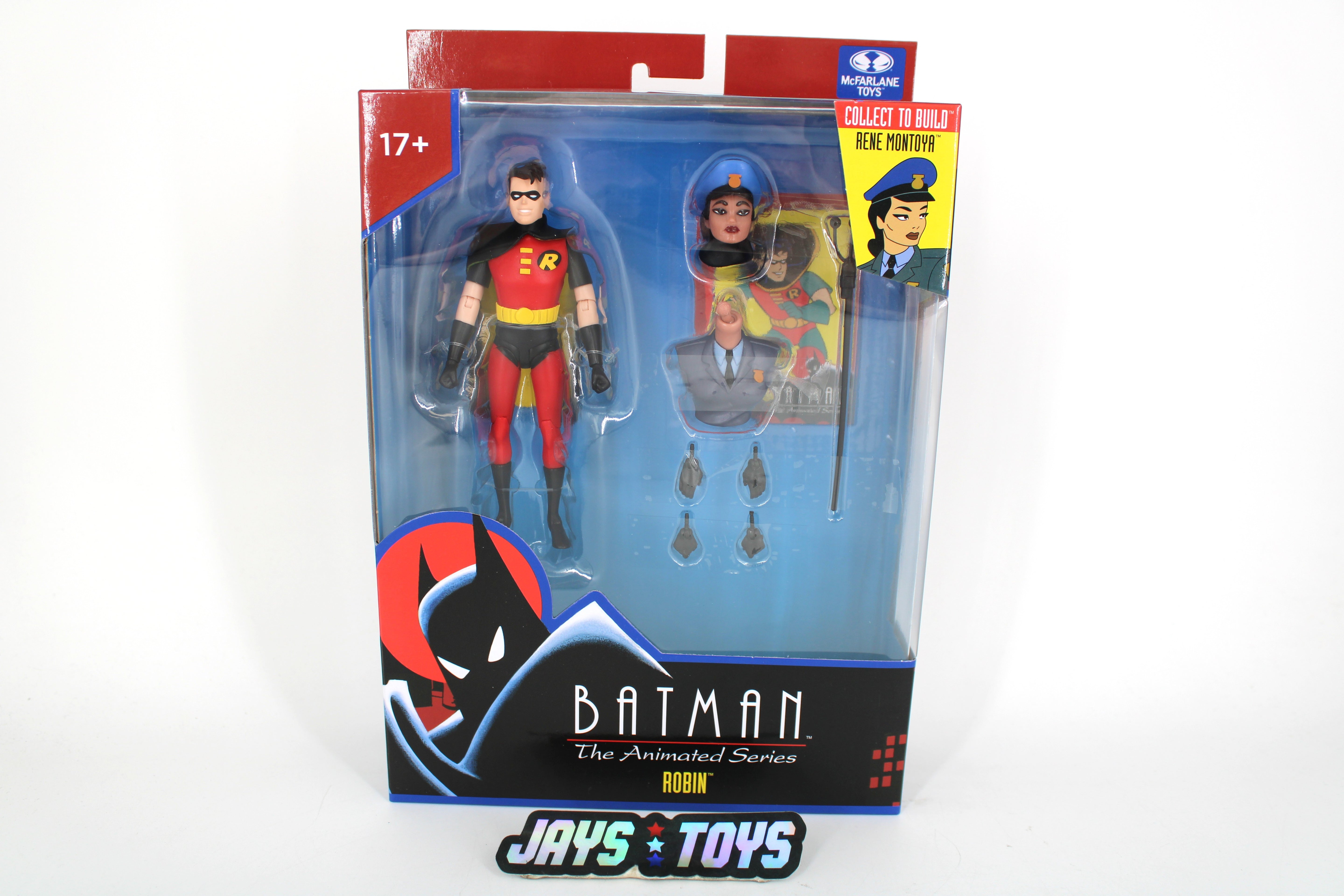 Robin Batman The Animated Series Wave 7 McFarlane Figure — Box Front View with Rene Montoya Collect to Build Badge