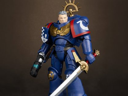 Ultramarines 3rd Company Lieutenant Warhammer 40K 7-Inch Figure — Front View Close-Up with Power Sword and Plasma Pistol