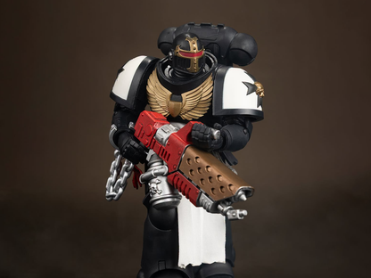 Black Templars Primaris Crusader McFarlane WH40K 7-Inch Figure — Front View Close-Up with Pyreblaster and Devotion Chain